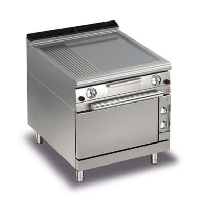 BARON 2 Burner Gas Fry Top With 2/3 Smooth 1/3 Ribbed Mild Steel Plate, Thermostat Control And Electric Oven